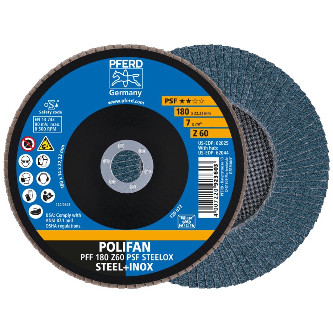 PFERD TOOLS POLIFAN Fächerscheibe PFF 180x22,23 mm flach Z60 Universallinie PSF STEELOX Stahl/Edelstahl