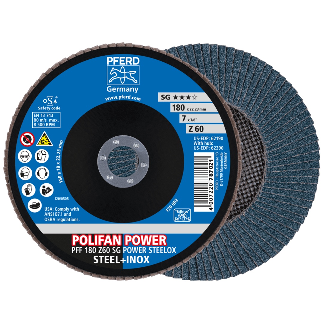 PFERD TOOLS POLIFAN POWER Fächerscheibe PFF 180x22,23 mm flach Z60 SG STEELOX Stahl/Edelstahl
