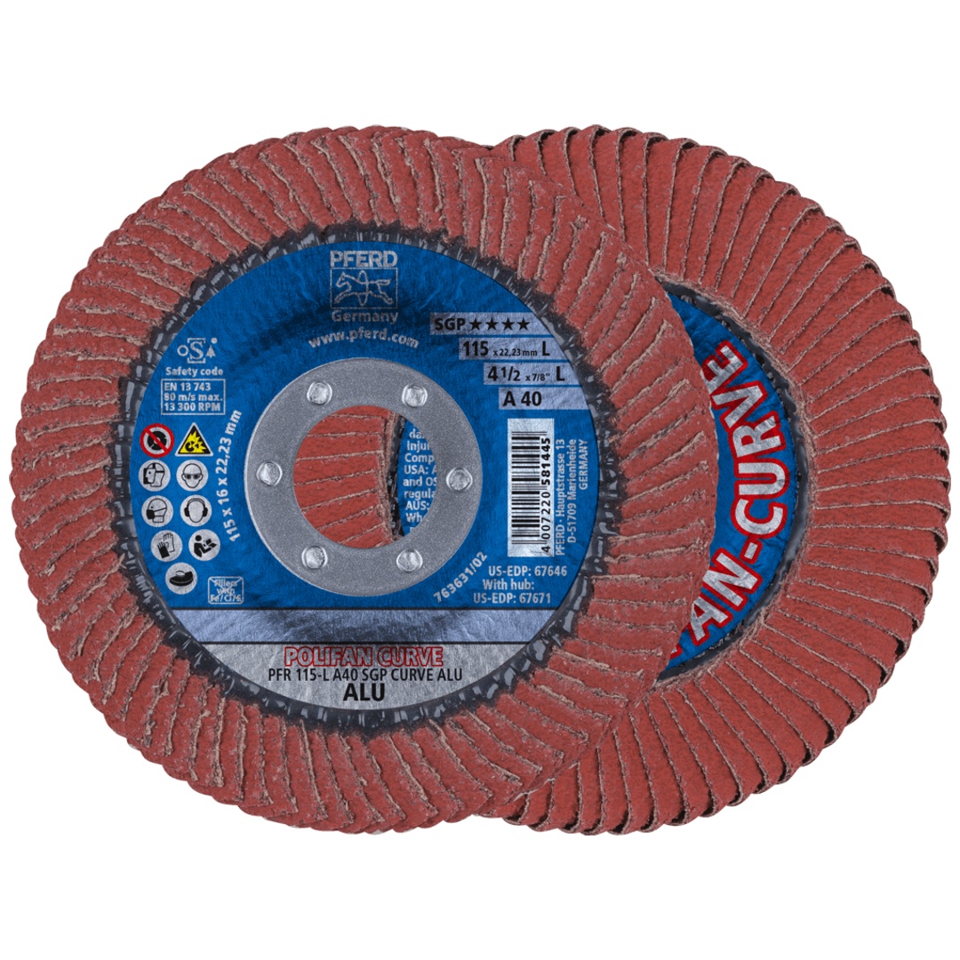 PFERD TOOLS POLIFAN CURVE Fächerscheibe PFR 115x22,23 mm Breite L A40 Speziallinie SGP ALU für Alu