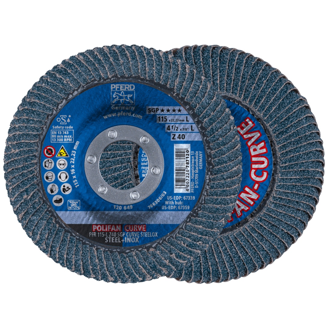 PFERD TOOLS POLIFAN CURVE Fächerscheibe PFR 115x22,23 mm Breite L Z40 SGP STEELOX für Stahl/Edelstahl