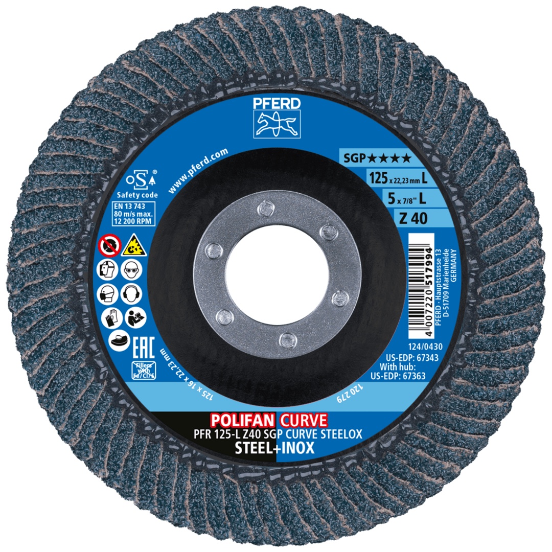 PFERD TOOLS POLIFAN CURVE Fächerscheibe PFR 125x22,23 mm Breite L Z40 SGP STEELOX für Stahl/Edelstahl