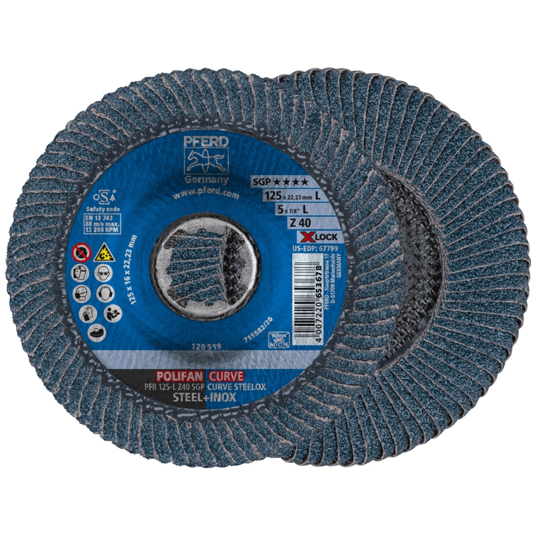 PFERD TOOLS POLIFAN CURVE Fächerscheibe PFR 125 mm X-LOCK Breite L Z40 SGP STEELOX für Stahl/Edelstahl