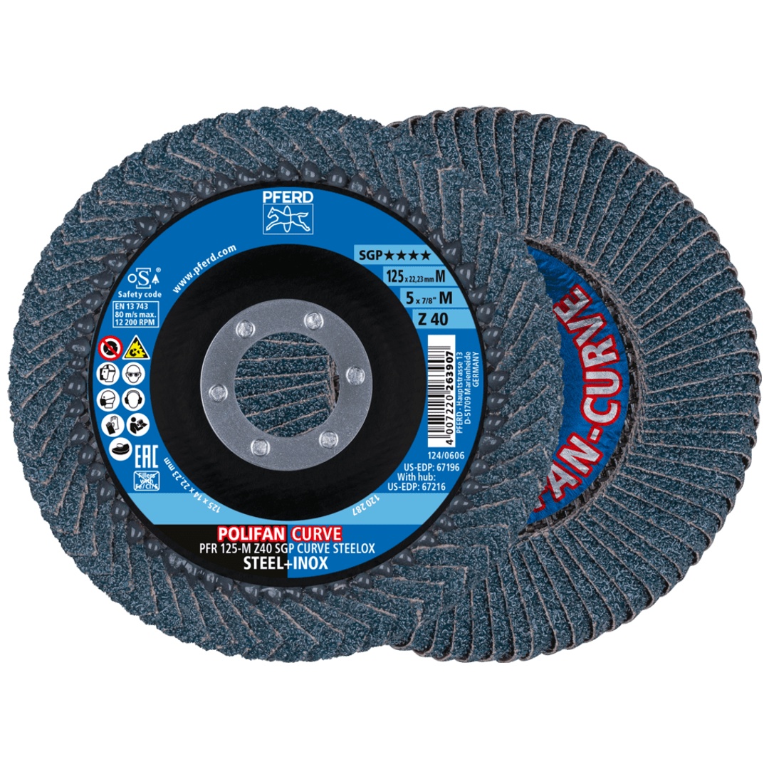 PFERD TOOLS POLIFAN CURVE Fächerscheibe PFR 125x22,23 mm Breite M Z40 SGP STEELOX für Stahl/Edelstahl (10)