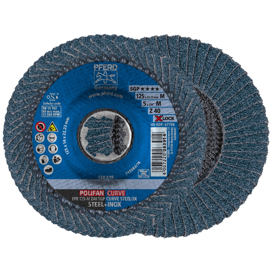 PFERD TOOLS POLIFAN CURVE Fächerscheibe PFR 125 mm X-LOCK Breite M Z40 SGP STEELOX für Stahl/Edelstahl