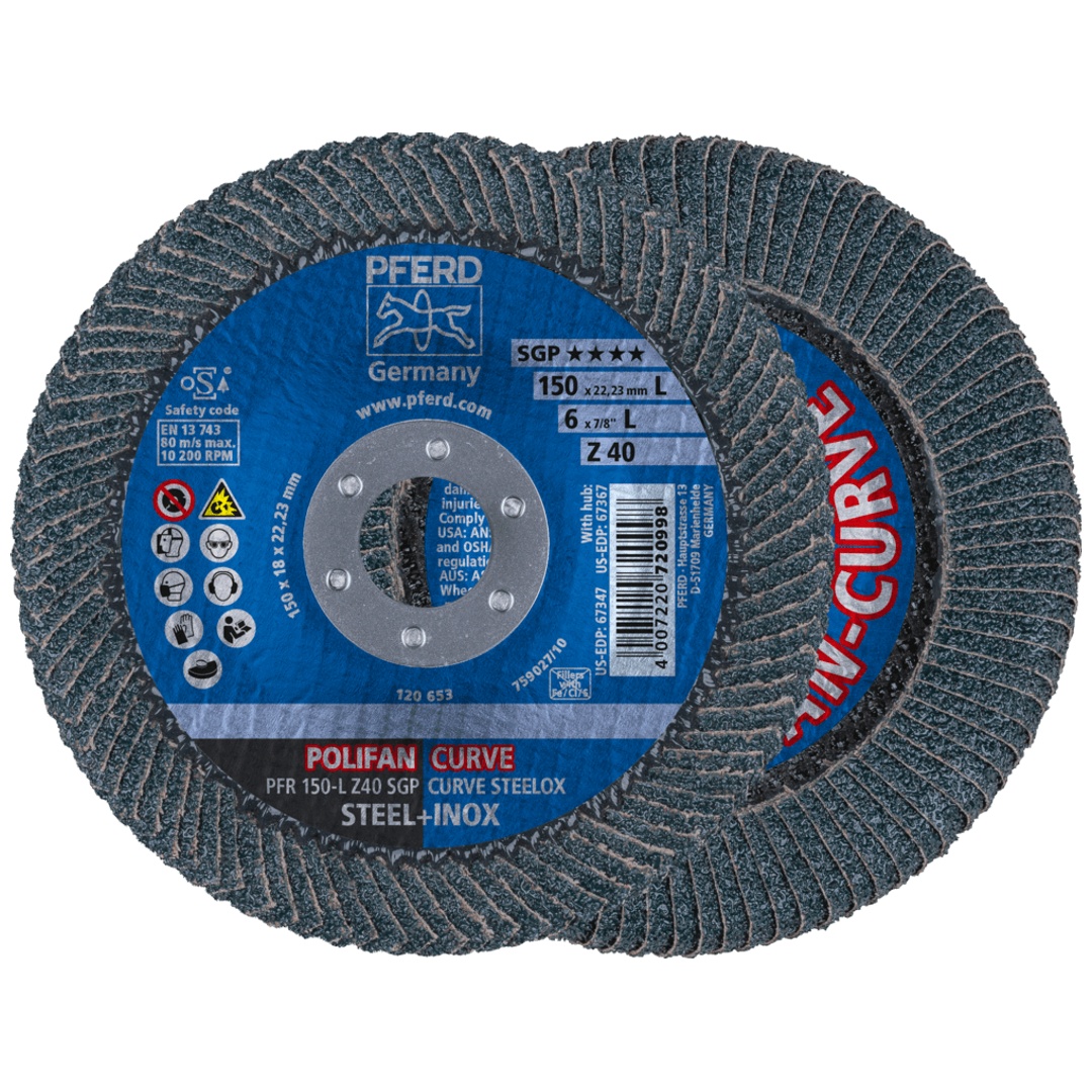 PFERD TOOLS POLIFAN CURVE Fächerscheibe PFR 150x22,23 mm Breite L Z40 SGP STEELOX für Stahl/Edelstahl