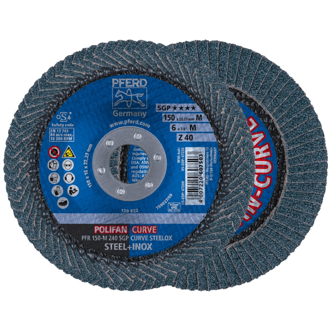PFERD TOOLS POLIFAN CURVE Fächerscheibe PFR 150x22,23 mm Breite M Z40 SGP STEELOX für Stahl/Edelstahl