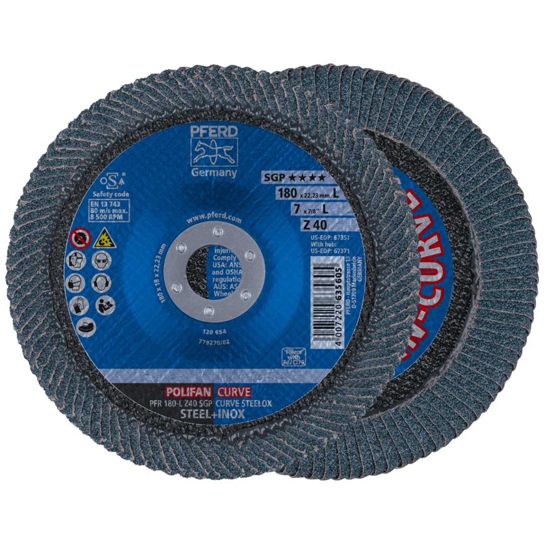 PFERD TOOLS POLIFAN CURVE Fächerscheibe PFR 180x22,23 mm Breite L Z40 SGP STEELOX für Stahl/Edelstahl