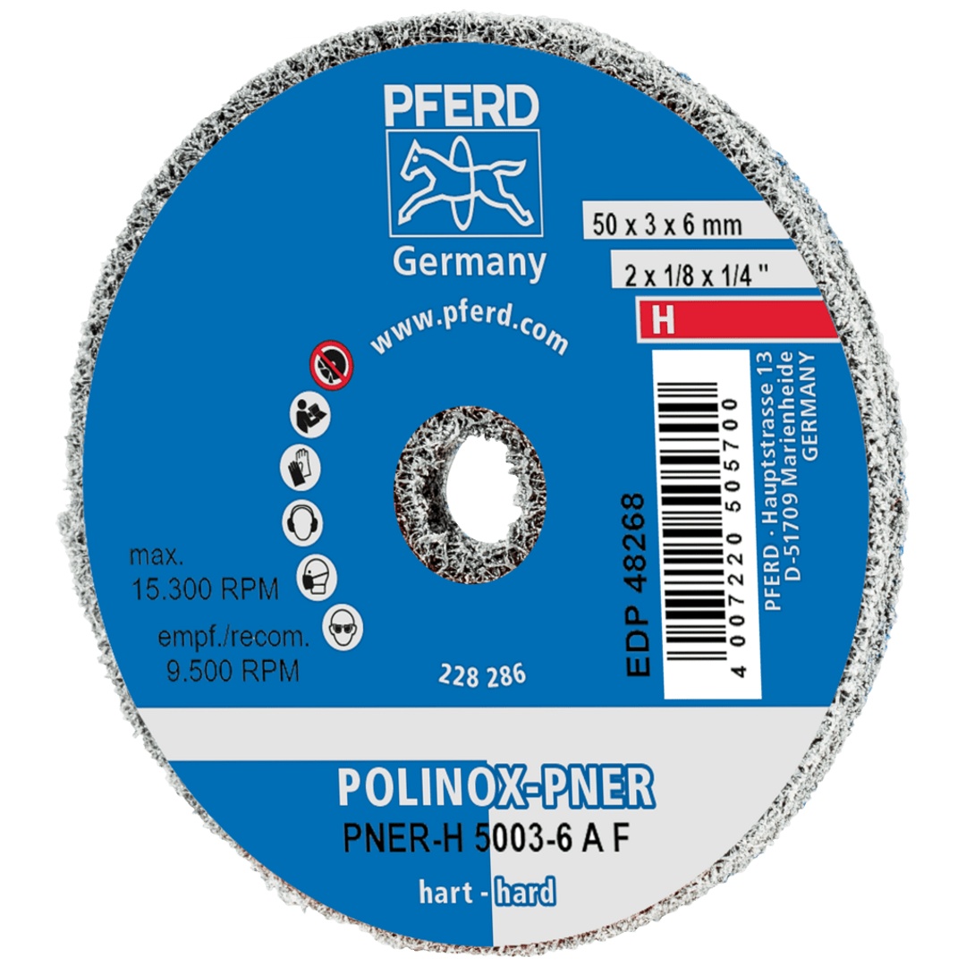 PFERD TOOLS POLINOX verpresstes Vlies-Rad PNER Ø 50x3 mm Bohrung-Ø 6 mm Hart A Fein für Finish