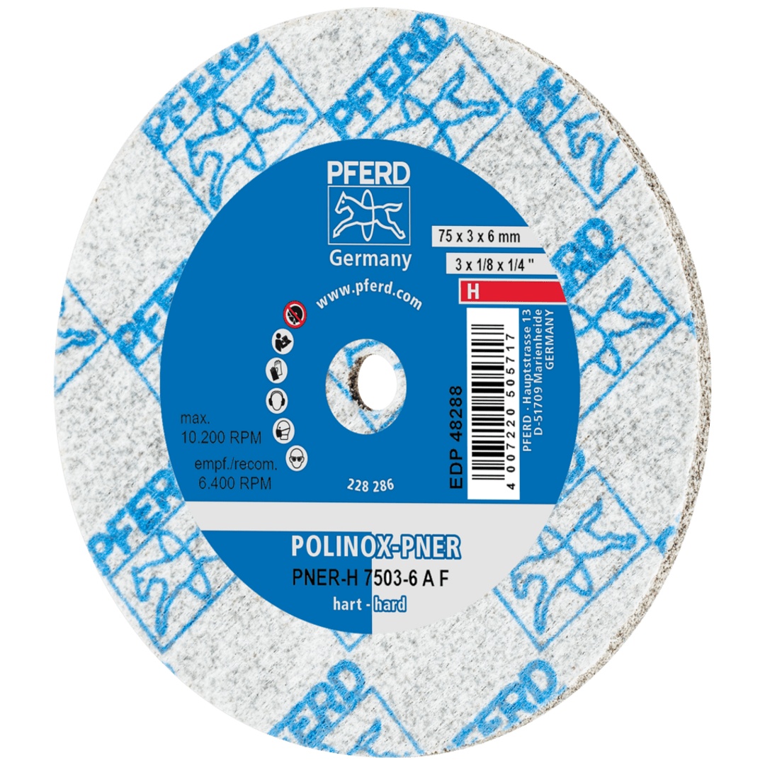 PFERD TOOLS POLINOX verpresstes Vlies-Rad PNER Ø 75x3 mm Bohrung-Ø 6 mm Hart A Fein für Finish