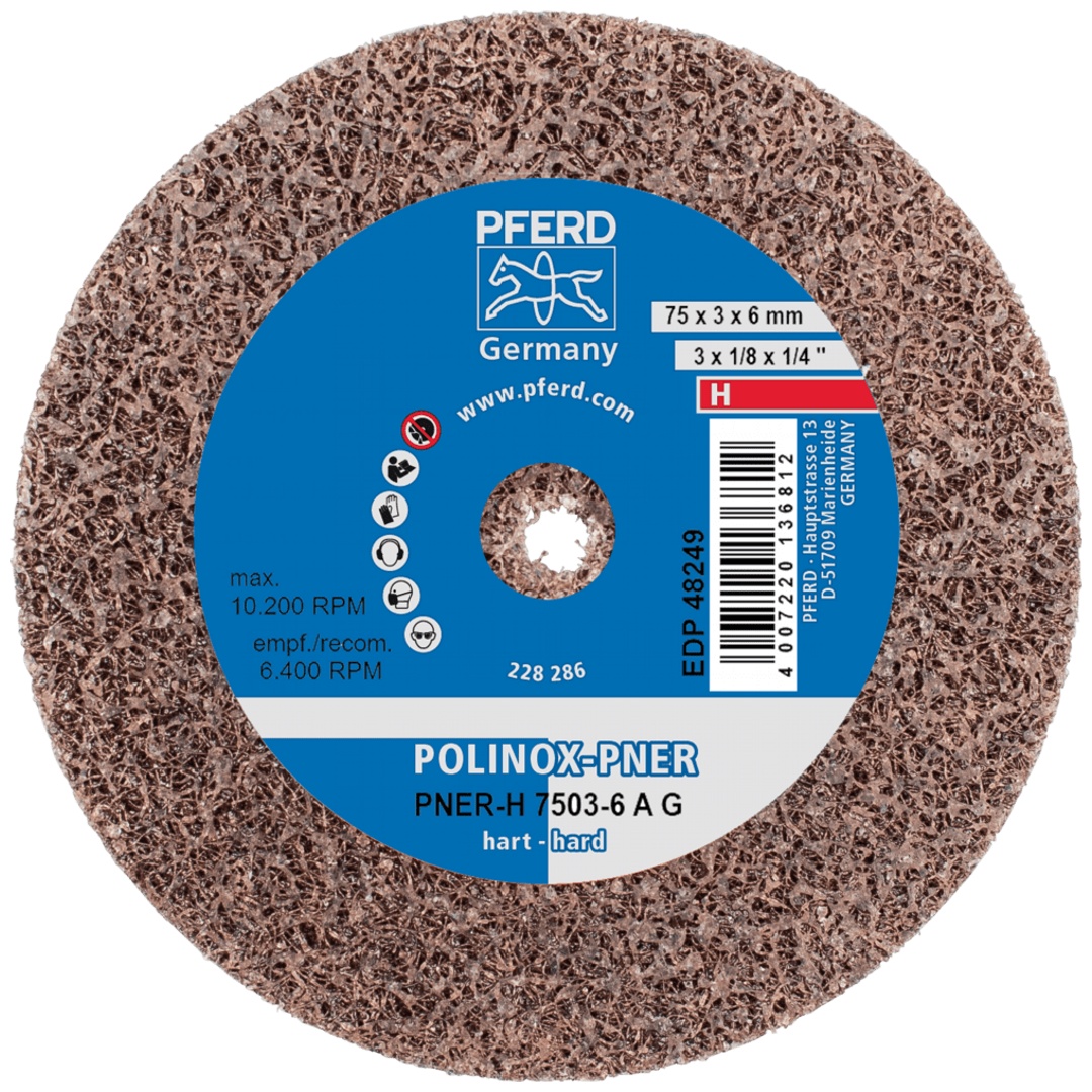 PFERD TOOLS POLINOX verpresstes Vlies-Rad PNER Ø 75x3 mm Bohrung-Ø 6 mm Hart A Grob für Finish