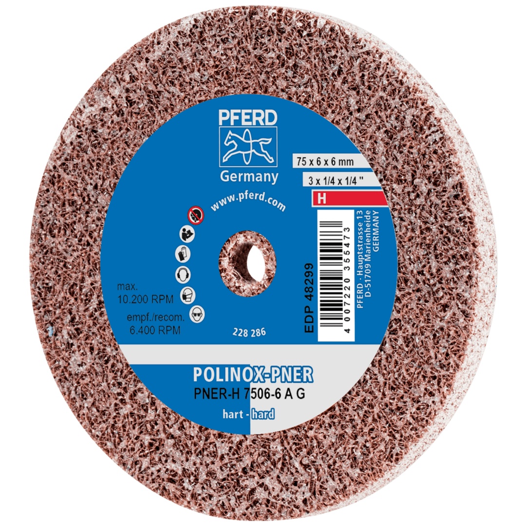 PFERD TOOLS POLINOX verpresstes Vlies-Rad PNER Ø 75X6 mm Bohrung-Ø 6 mm Hart A Grob für Finish