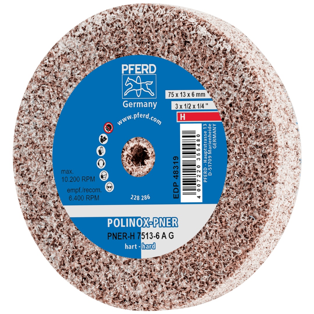 PFERD TOOLS POLINOX verpresstes Vlies-Rad PNER Ø 75x13 mm Bohrung-Ø 6 mm Hart A Grob für Finish