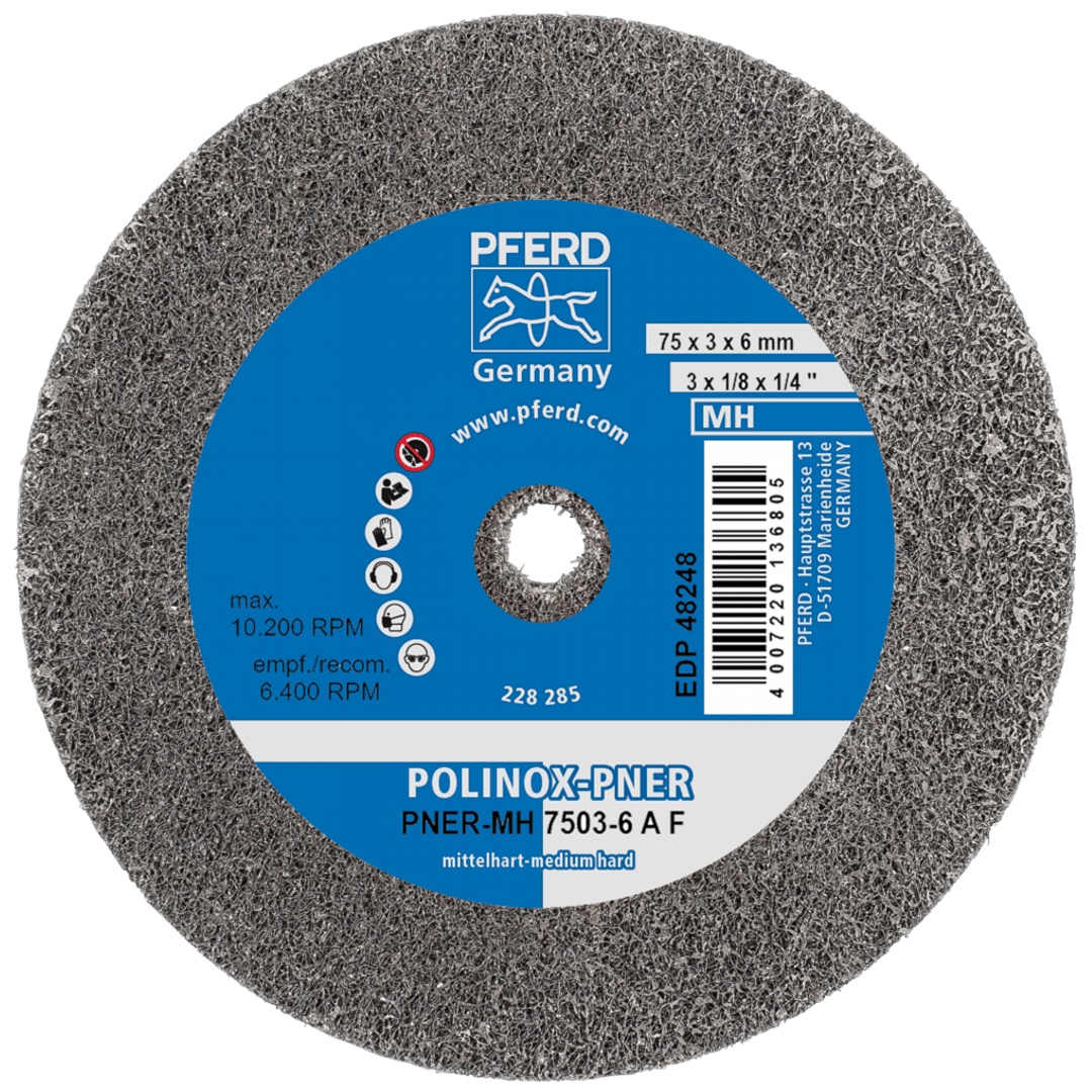 PFERD TOOLS POLINOX verpresstes Vlies-Rad PNER Ø 75x3 mm Bohrung-Ø 6 mm Mittelhart A Fein für Finish