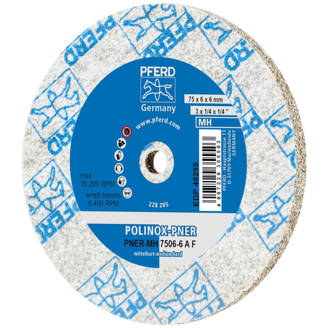 PFERD TOOLS POLINOX verpresstes Vlies-Rad PNER Ø 75X6 mm Bohrung-Ø 6 mm Mittelhart A Fein für Finish