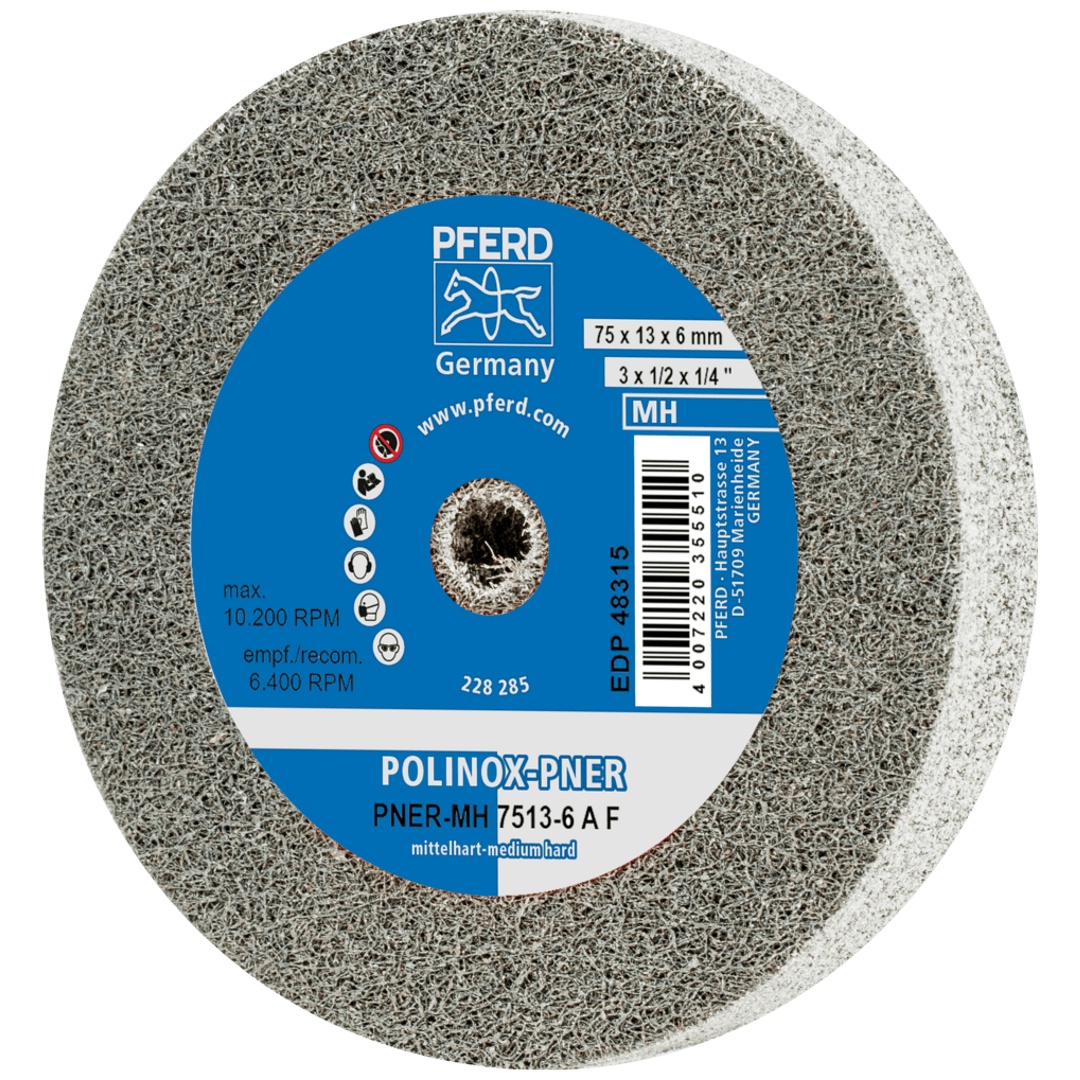 PFERD TOOLS POLINOX verpresstes Vlies-Rad PNER Ø 75x13 mm Bohrung-Ø 6 mm Mittelhart A Fein für Finish