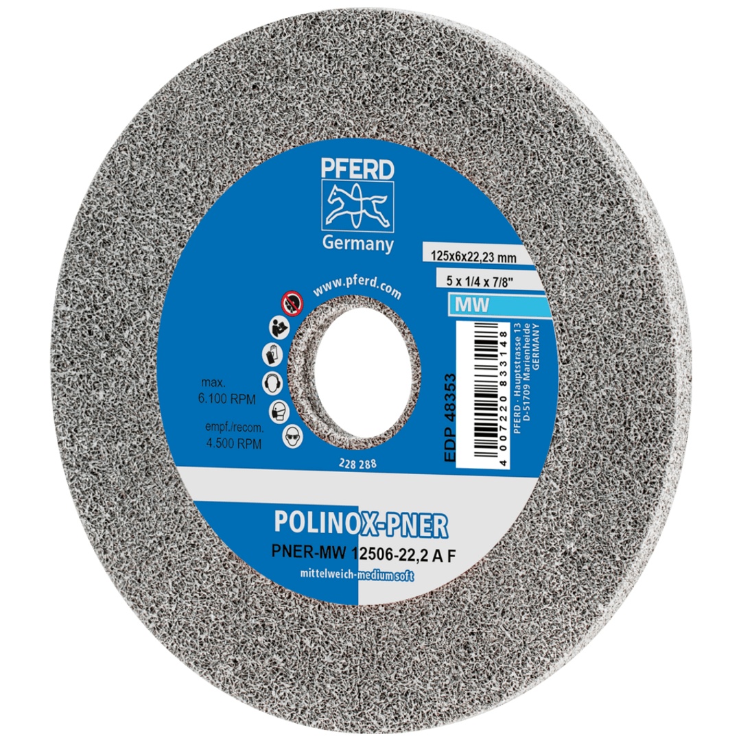 PFERD TOOLS POLINOX verpresstes Vlies-Rad PNER Ø 125x6 mm Bohrung-Ø 22,23 mm Mittelweich A Fein für Finish