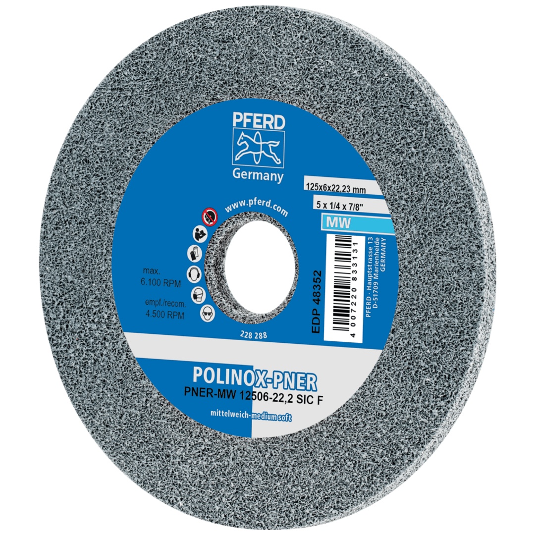 PFERD TOOLS POLINOX verpresstes Vlies-Rad PNER Ø 125x6 mm Bohrung-Ø 22,2 mm Mittelweich SIC Fein für Finish