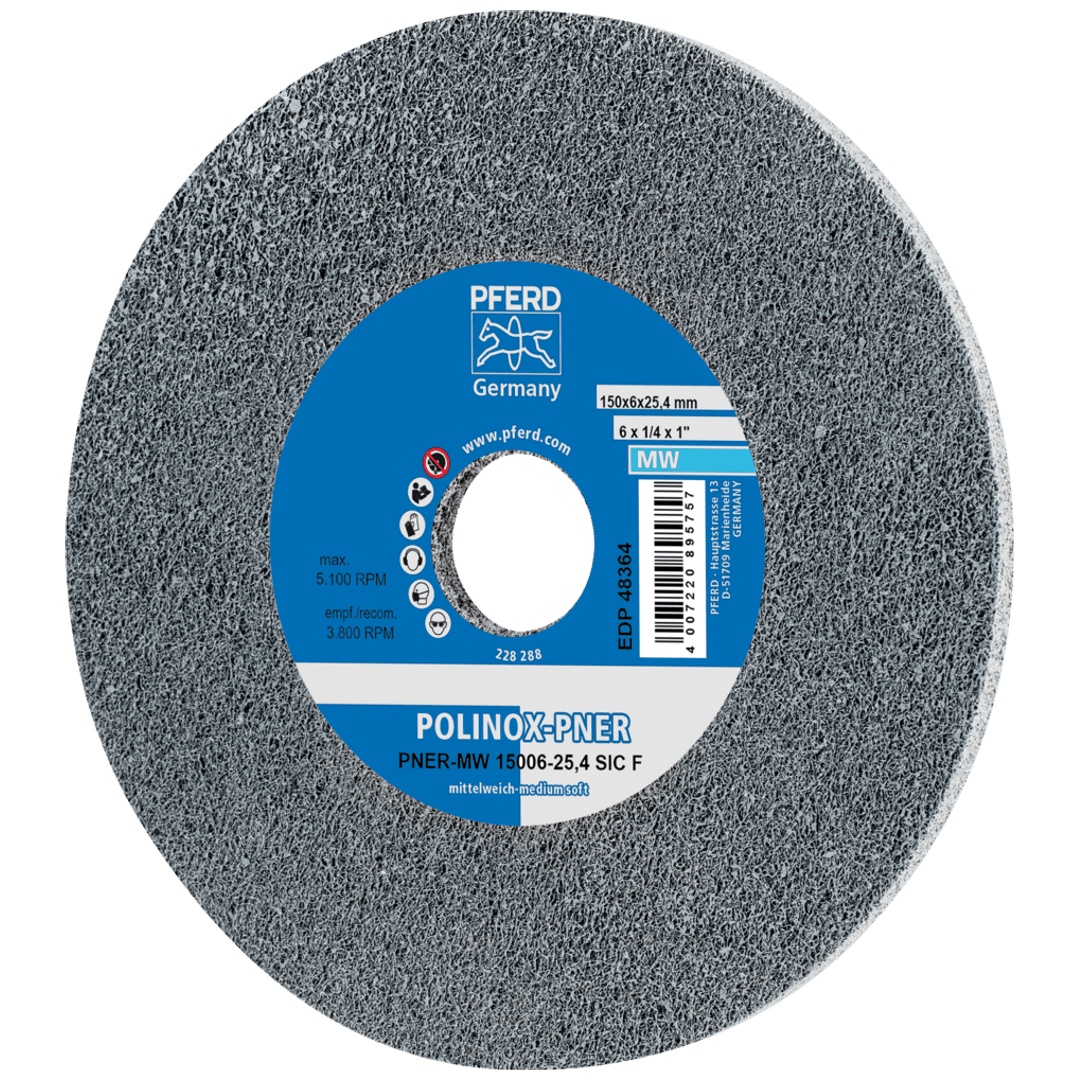 PFERD TOOLS POLINOX verpresstes Vlies-Rad PNER Ø 150x6 mm Bohrung-Ø 25,4 mm Mittelweich SIC Fein für Finish