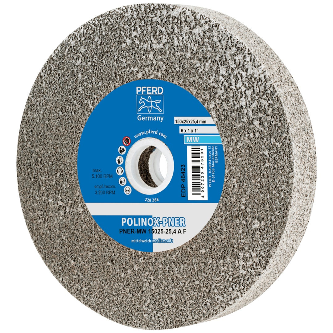PFERD TOOLS POLINOX verpresstes Vlies-Rad PNER Ø 150x25 mm Bohrung-Ø 25,4 mm Mittelweich A Fein für Finish