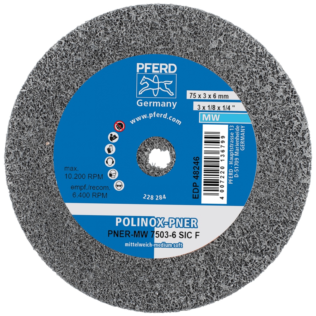 PFERD TOOLS POLINOX verpresstes Vlies-Rad PNER Ø 75x3 mm Bohrung-Ø 6 mm Mittelweich SIC Fein für Finish