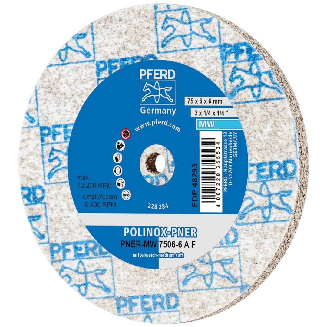 PFERD TOOLS POLINOX verpresstes Vlies-Rad PNER Ø 75X6 mm Bohrung-Ø 6 mm Mittelweich A Fein für Finish