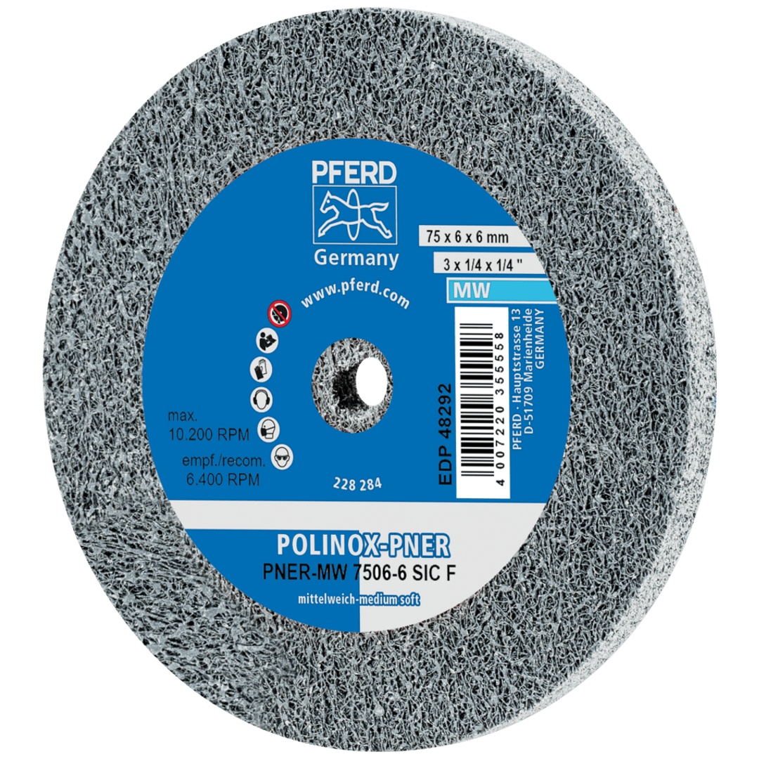 PFERD TOOLS POLINOX verpresstes Vlies-Rad PNER Ø 75X6 mm Bohrung-Ø 6 mm Mittelweich SIC Fein für Finish
