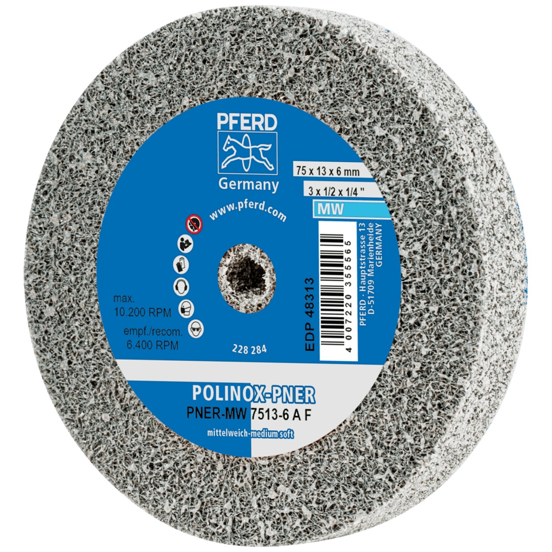 PFERD TOOLS POLINOX verpresstes Vlies-Rad PNER Ø 75x13 mm Bohrung-Ø 6 mm Mittelweich A Fein für Finish