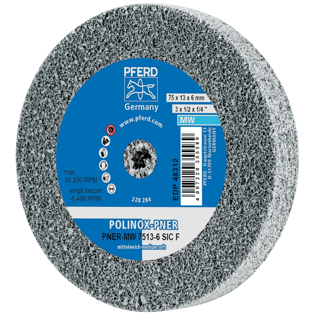 PFERD TOOLS POLINOX verpresstes Vlies-Rad PNER Ø 75x13 mm Bohrung-Ø 6 mm Mittelweich SIC Fein für Finish
