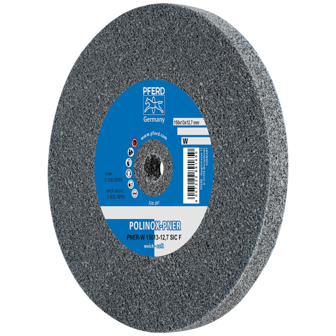 PFERD TOOLS POLINOX verpresstes Vlies-Rad PNER Ø 150x13 mm Bohrung-Ø12,7 mm Weich SIC Fein für Finish