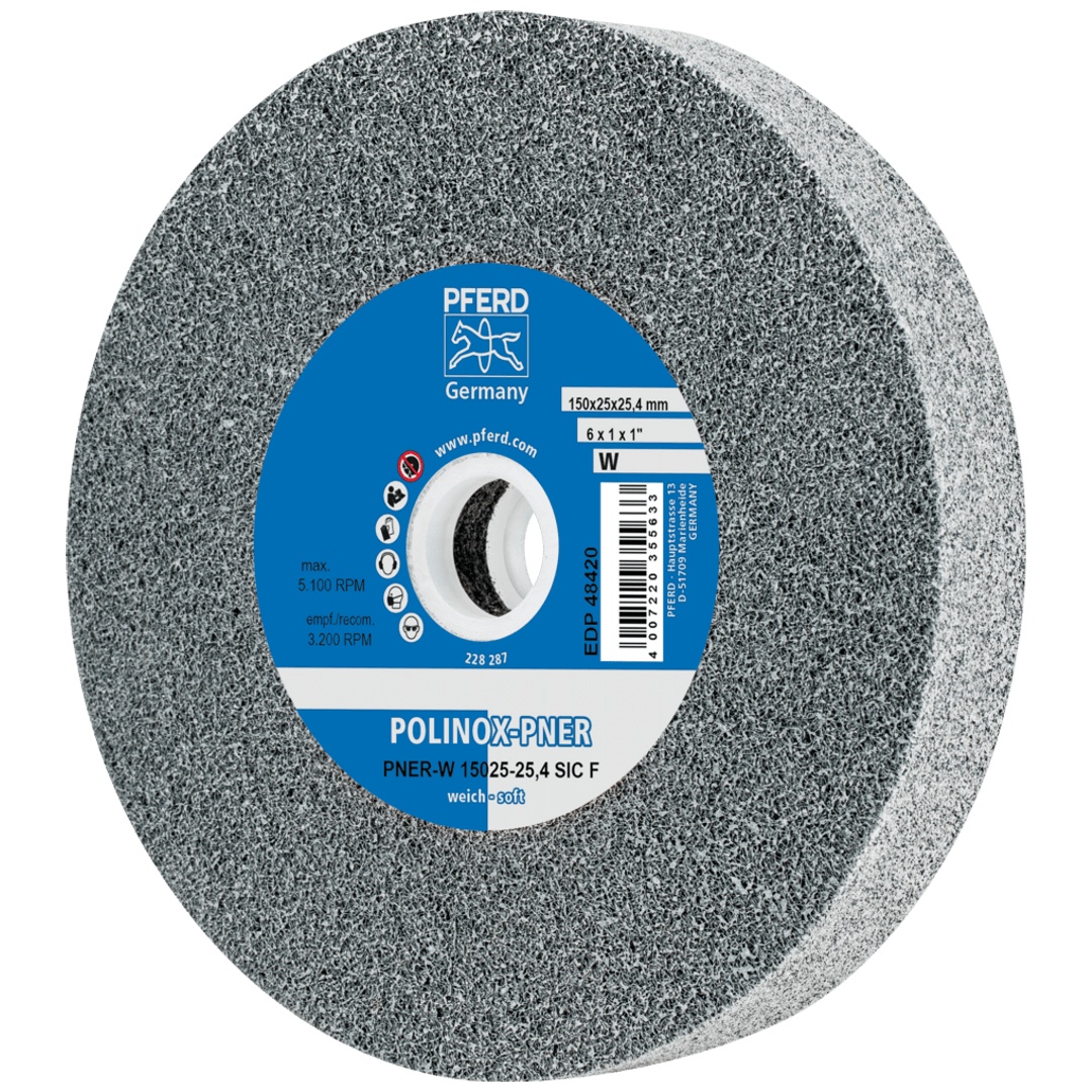 PFERD TOOLS POLINOX verpresstes Vlies-Rad PNER Ø 150x25 mm Bohrung-Ø 25,4 mm Weich SIC Fein für Finish