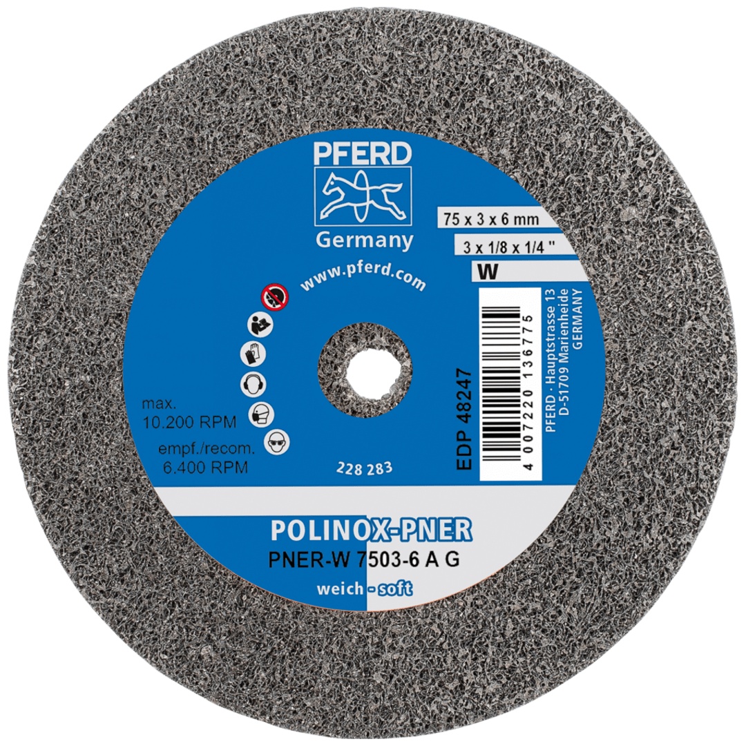PFERD TOOLS POLINOX verpresstes Vlies-Rad PNER Ø 75x3 mm Bohrung-Ø 6 mm Weich A Grob für Finish