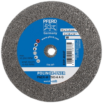 PFERD POLINOX verpresstes Vlies-Rad PNER Ø 75x3 mm Bohrung-Ø 6 mm Weich A Grob für Finish