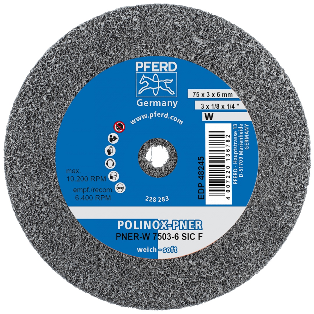 PFERD TOOLS POLINOX verpresstes Vlies-Rad PNER Ø 75x3 mm Bohrung-Ø 6 mm Weich SIC Fein für Finish