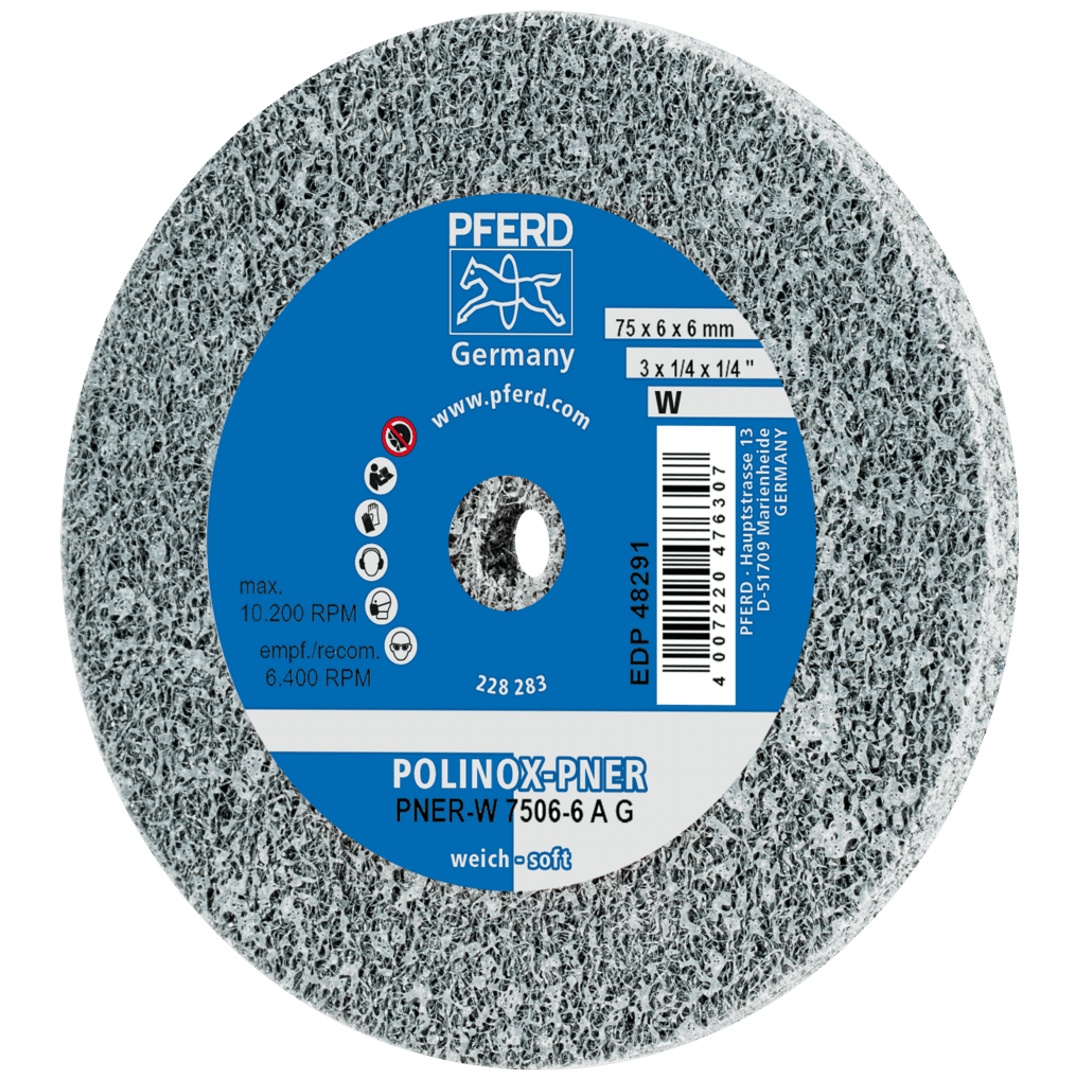 PFERD TOOLS POLINOX verpresstes Vlies-Rad PNER Ø 75X6 mm Bohrung-Ø 6 mm Weich A Grob für Finish