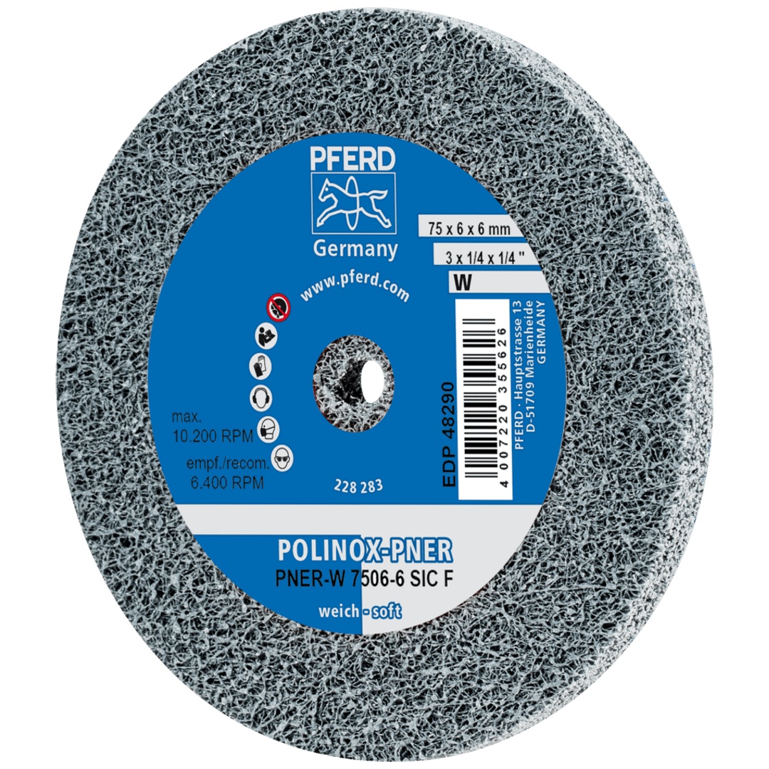 PFERD TOOLS POLINOX verpresstes Vlies-Rad PNER Ø 75X6 mm Bohrung-Ø 6 mm Weich SIC Fein für Finish