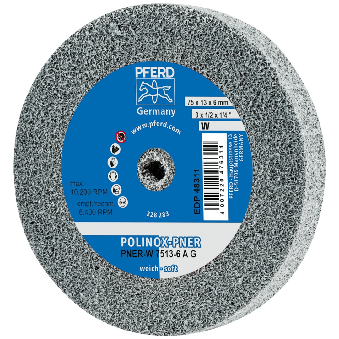 PFERD TOOLS POLINOX verpresstes Vlies-Rad PNER Ø 75x13 mm Bohrung-Ø 6 mm Weich A Grob für Finish
