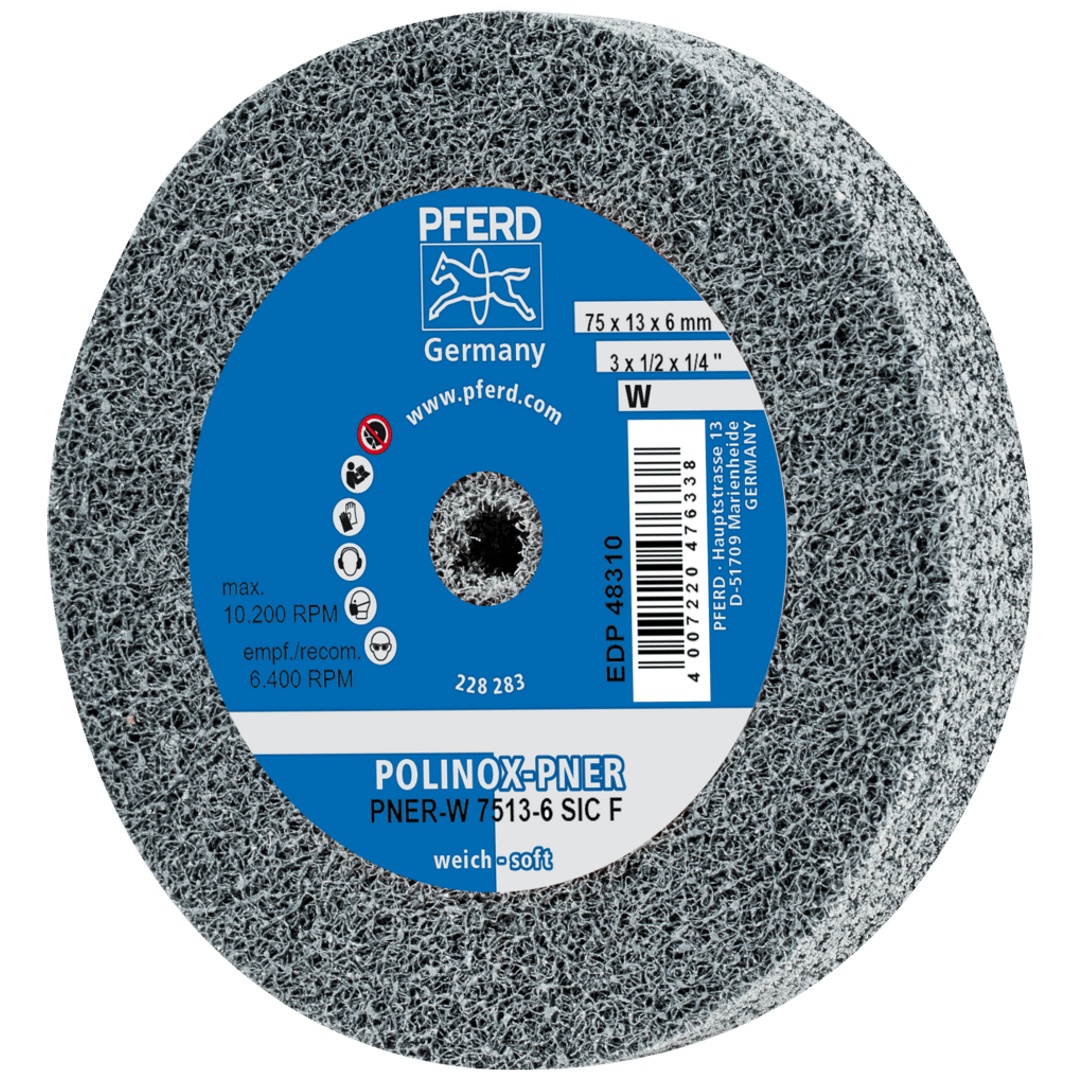 PFERD TOOLS POLINOX verpresstes Vlies-Rad PNER Ø 75x13 mm Bohrung-Ø 6 mm Weich SIC Fein für Finish