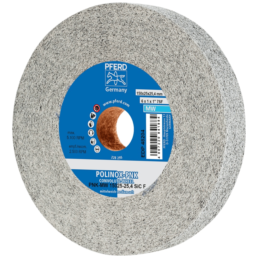 PFERD TOOLS POLINOX Gewickeltes Vlies-Rad PNK Ø 150x25 mm Bohrung-Ø 25,4 mm Mittelweich SIC Fein für Finish