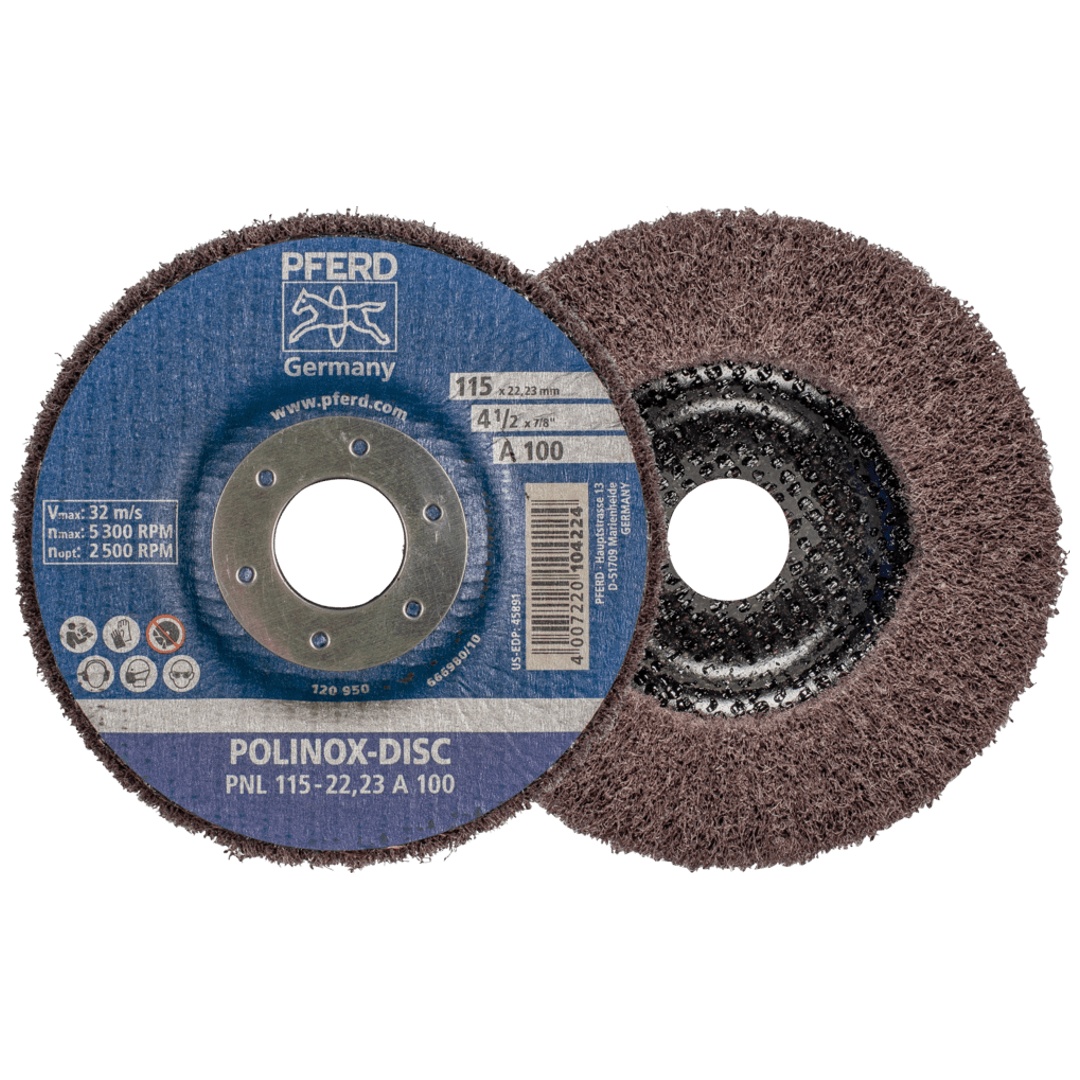 PFERD TOOLS POLINOX Vlies-Schleifdisc PNL Ø 115 mm Bohrung-Ø 22,23 mm A100 für Feinschliff und Finish