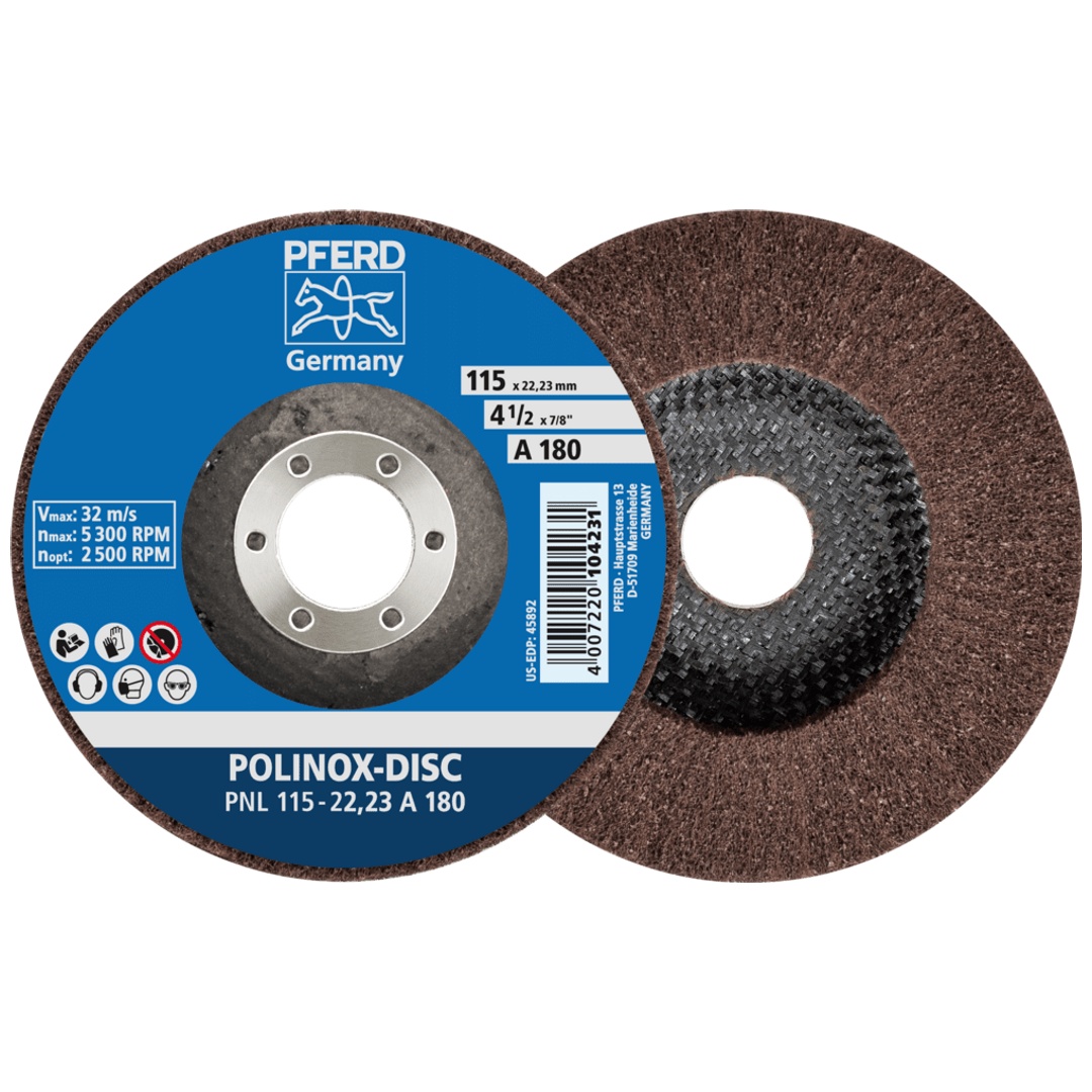 PFERD TOOLS POLINOX Vlies-Schleifdisc PNL Ø 115 mm Bohrung-Ø 22,23 mm A180 für Feinschliff und Finish