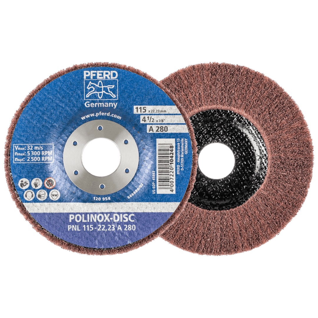 PFERD TOOLS POLINOX Vlies-Schleifdisc PNL Ø 115 mm Bohrung-Ø 22,23 mm A280 für Feinschliff und Finish