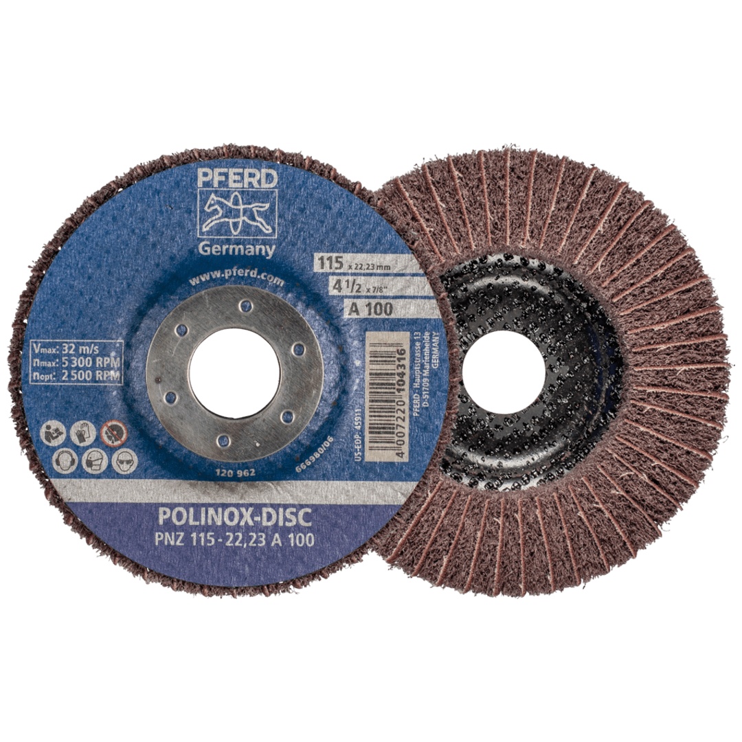 PFERD TOOLS POLINOX Vlies-Schleifdisc PNZ Ø 115 mm Bohrung-Ø 22,23 mm A100 für Feinschliff und Finish