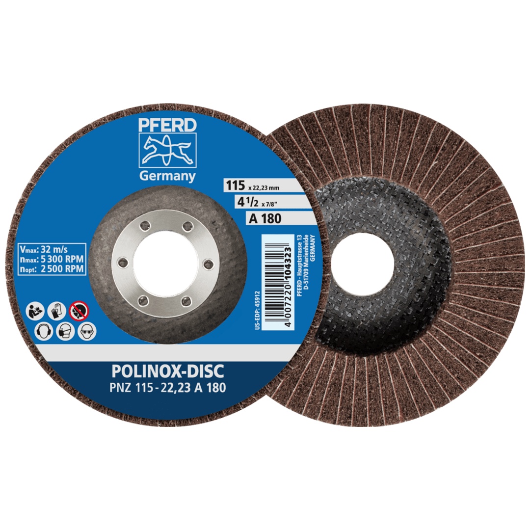 PFERD TOOLS POLINOX Vlies-Schleifdisc PNZ Ø 115 mm Bohrung-Ø 22,23 mm A180 für Feinschliff und Finish