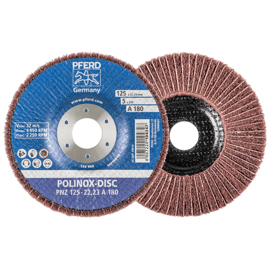 PFERD TOOLS POLINOX Vlies-Schleifdisc PNZ Ø 125 mm Bohrung-Ø 22,23 mm A180 für Feinschliff und Finish