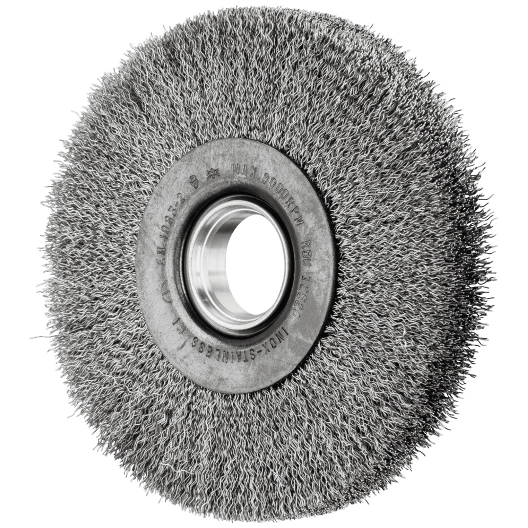 PFERD TOOLS Rundbürste breit ungezopft RBU Ø125x20xvariable Bohrung Edelstahl-Draht-Ø0,30 Schleifbock