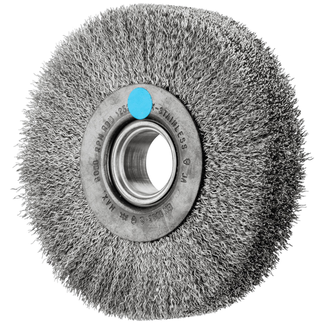 PFERD TOOLS Rundbürste breit ungezopft RBU Ø125x28xvariable Bohrung Edelstahl-Draht-Ø0,30 Schleifbock