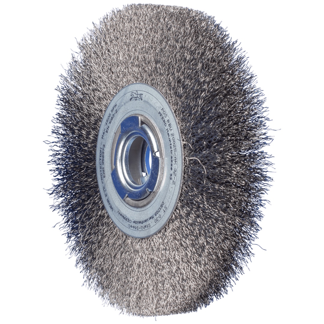 PFERD TOOLS POS Rundbürste breit ungezopft RBU Ø200x25xvariable Bohrung Stahl-Draht-Ø0,30 Schleifbock