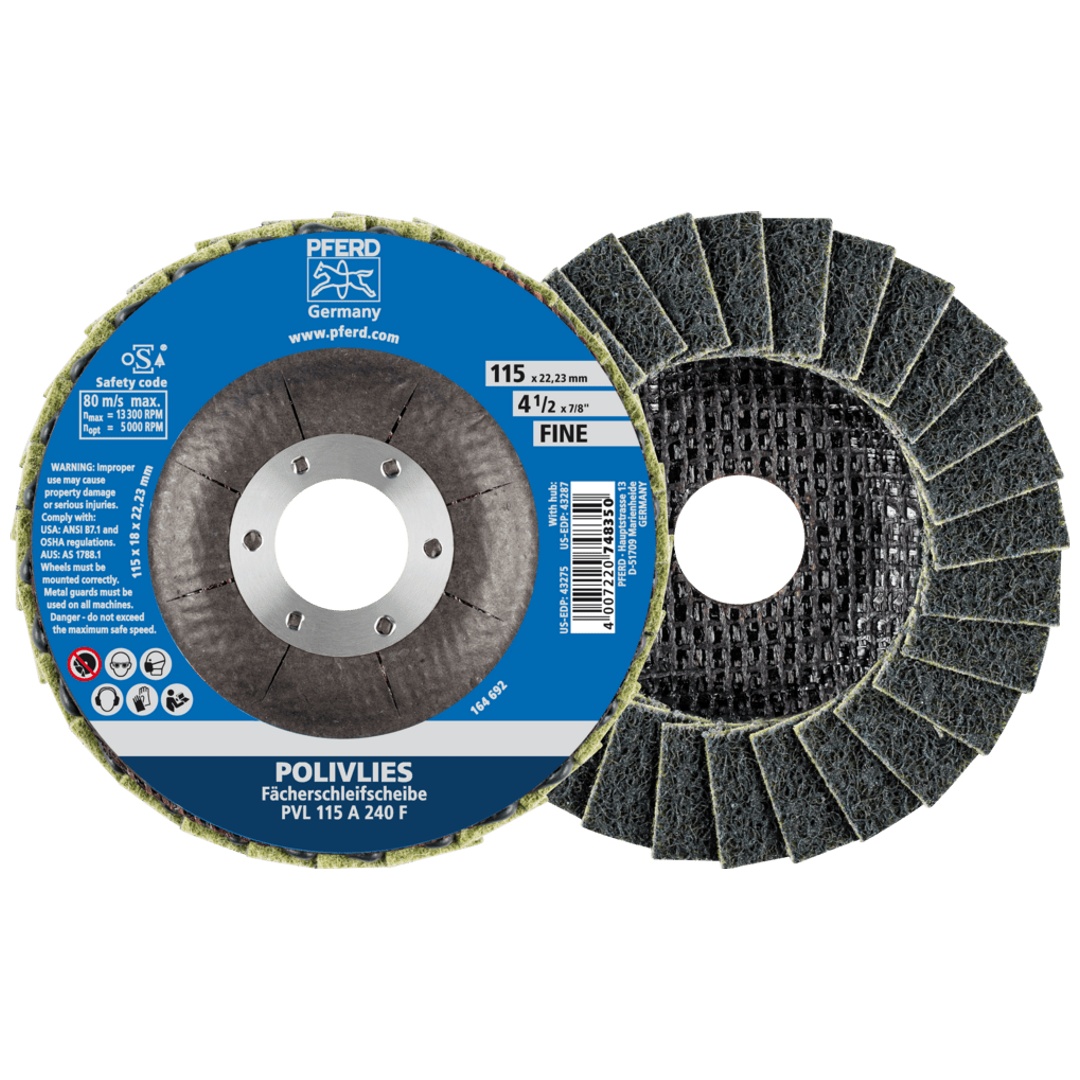 PFERD TOOLS POLIVLIES-Fächerscheibe PVL Korund Ø 115 mm Bohrung 22,23 mm A240F für Feinschliff