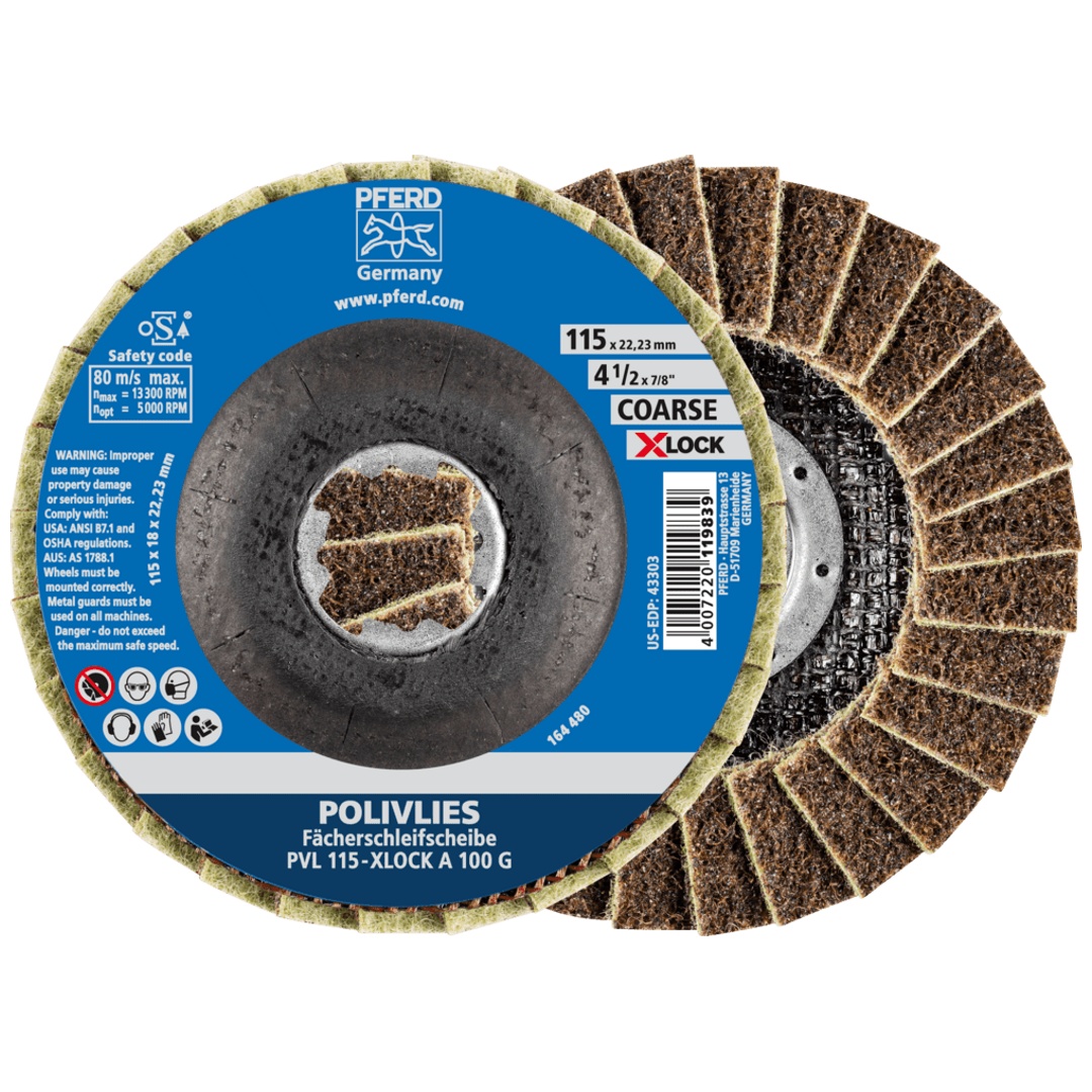 PFERD TOOLS POLIVLIES-Fächerscheibe PVL Korund Ø 115 mm Bohrung 22,23 mm/X-LOCK A100G für Feinschliff