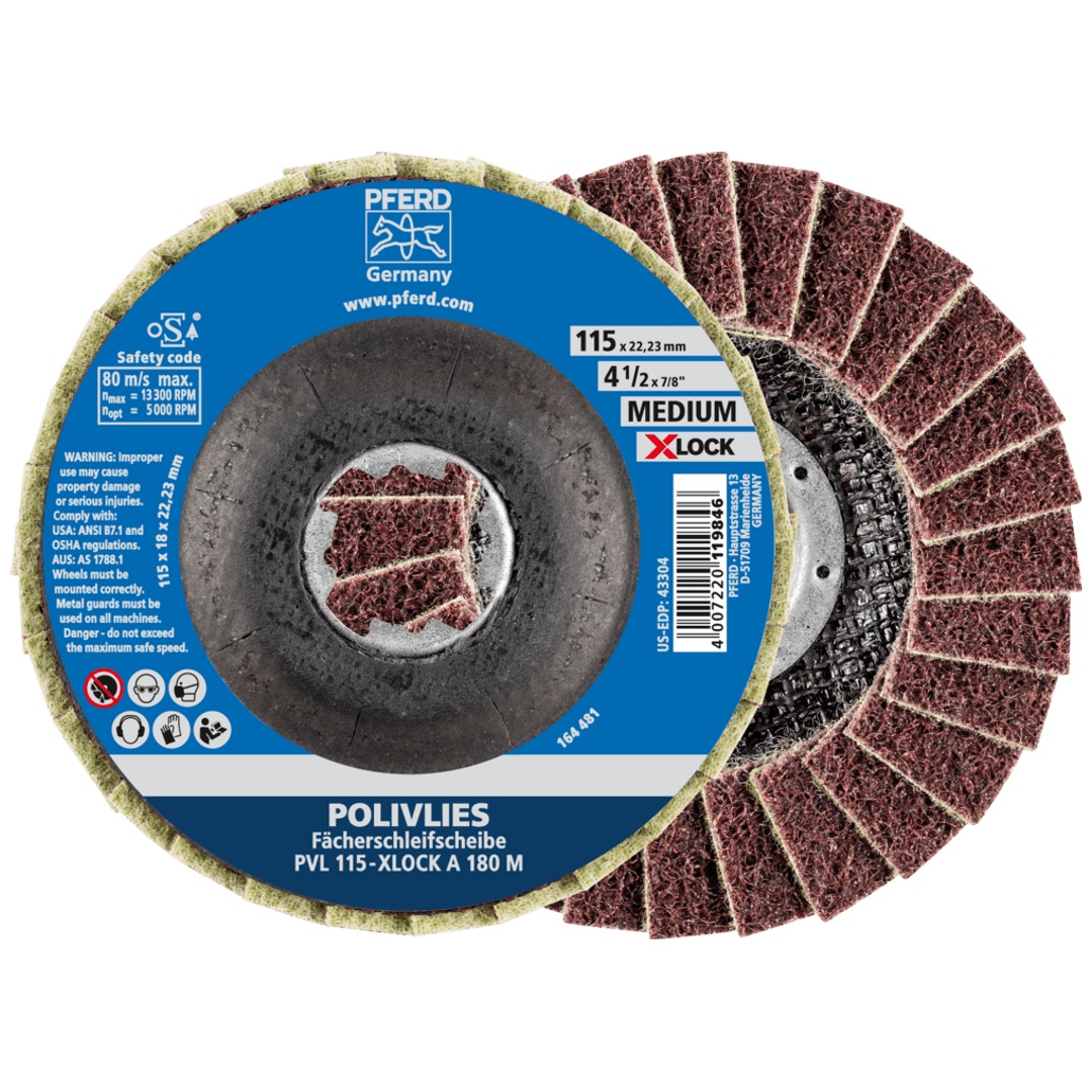 PFERD TOOLS POLIVLIES-Fächerscheibe PVL Korund Ø 115 mm Bohrung 22,23 mm/X-LOCK A180M für Feinschliff